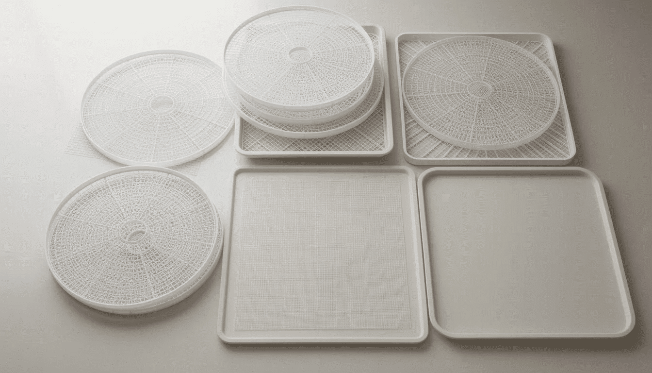 The image shows a variety of dehydrator accessories, including mesh screens and solid tray liners, neatly arranged on a kitchen counter. These tools are essential for preparing dehydrated ingredients for soup recipes, allowing you to create delicious meals with items like dried vegetables, chicken bouillon, and spices.