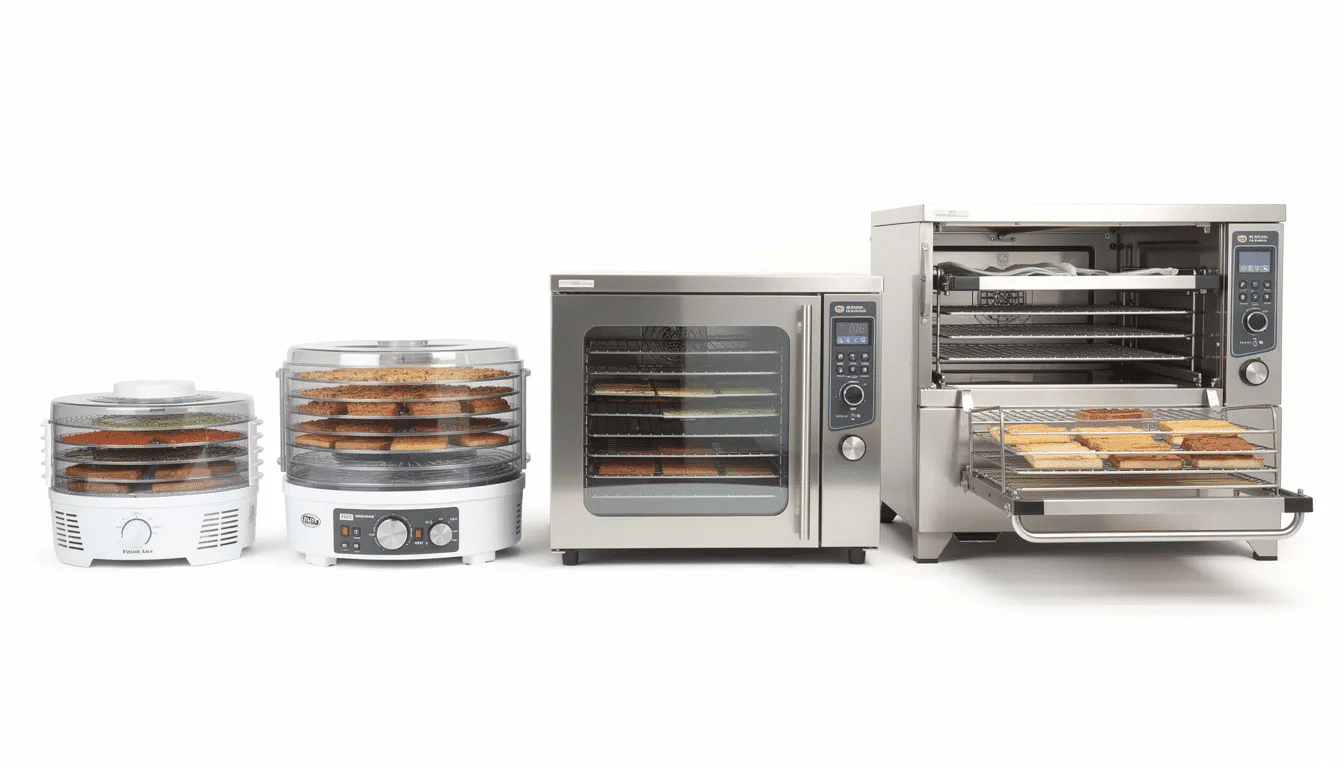 The image displays various styles of food dehydrators arranged side by side, illustrating their size differences. Each dehydrator features different tray configurations, including metal and plastic trays, highlighting options for preserving foods like jerky, fruit leather, and dried herbs.