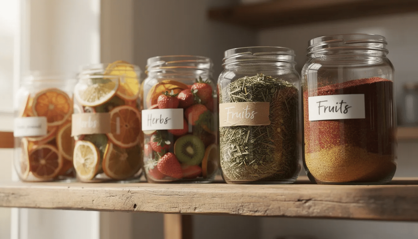 A wooden kitchen shelf displays an array of glass jars filled with vibrant dehydrated fruits, such as apples and blueberries, alongside herb powders, showcasing healthy snacks that can be made using a dehydrator. This colorful collection highlights the versatility of dehydrating fruit and vegetables for homemade snacks.