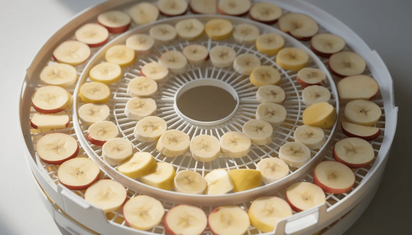 A close-up view of neatly arranged slices of apple and banana on circular dehydrator trays, showcasing the food dehydration process for creating homemade backpacking meals. The vibrant colors of the fruits highlight the preparation for dehydrated meals, ideal for outdoor adventures.