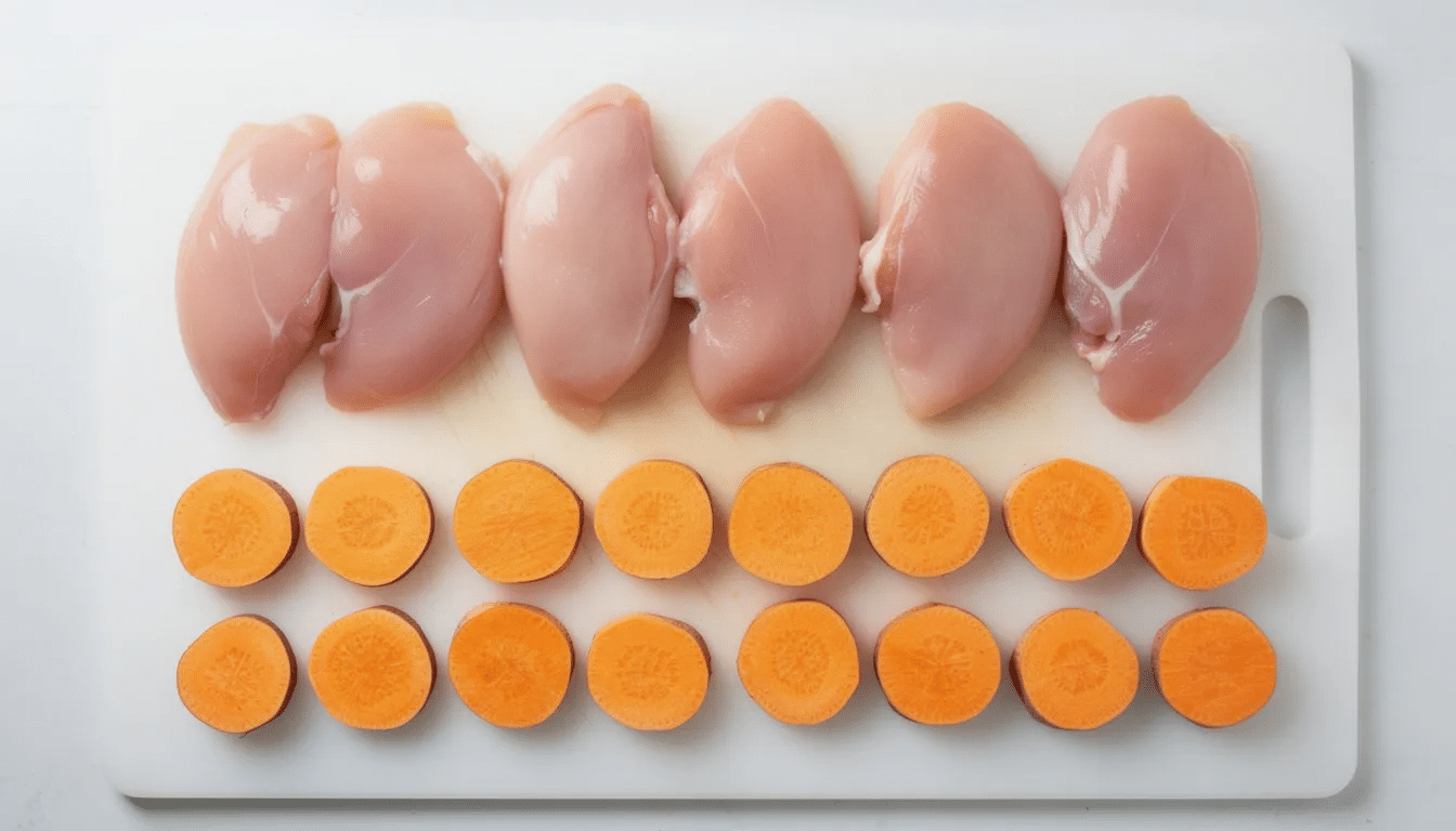 The image features raw chicken breast and sliced orange sweet potatoes neatly arranged on a clean white cutting board, ready for the dehydrating process to create homemade dog treats. The vibrant colors of the food highlight the healthy ingredients that can be transformed into nutritious dehydrated dog food.