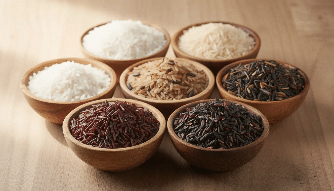The image shows various types of rice displayed in small wooden bowls, showcasing an array of colors and grain sizes, including brown rice, basmati rice, and jasmine rice. Each bowl represents different forms of rice, from uncooked to cooked, highlighting their diversity for food storage and meal preparation.