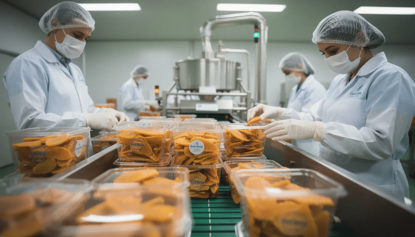 In the image, workers in protective clothing are seen packaging dried mango slices as they come off an industrial production line, showcasing the efficient operation of a commercial food dehydrator. The surrounding environment reflects a focus on food preservation and quality, highlighting the drying process that enhances the shelf life of the fruit.