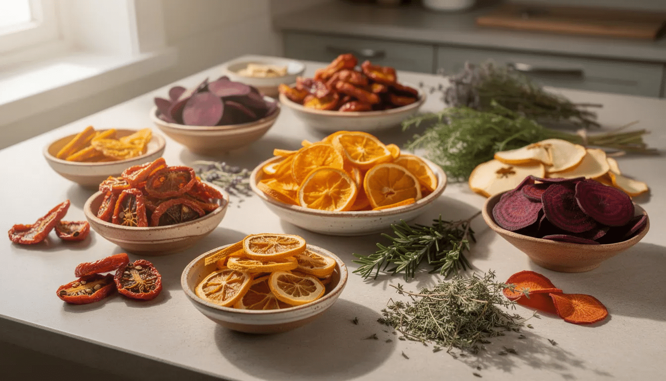 The image features a vibrant array of colorful dried vegetables and fruits, including tomatoes, apples, and herbs, elegantly spread across a kitchen counter. This display highlights the art of food preservation, showcasing dehydrated food that can be stored for long-term use, perfect for making snacks or recipes like fruit leather.