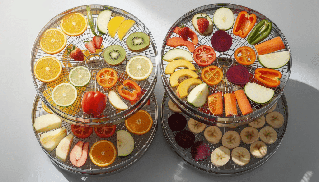 The image features a vibrant array of sliced fruits and vegetables beautifully arranged on six stainless steel trays of a temperature control dehydrator, showcasing the colorful assortment ready for drying. This food dehydrator machine utilizes hot air to effectively preserve various foods, making it ideal for creating dried fruit, jerky, and dog treats.