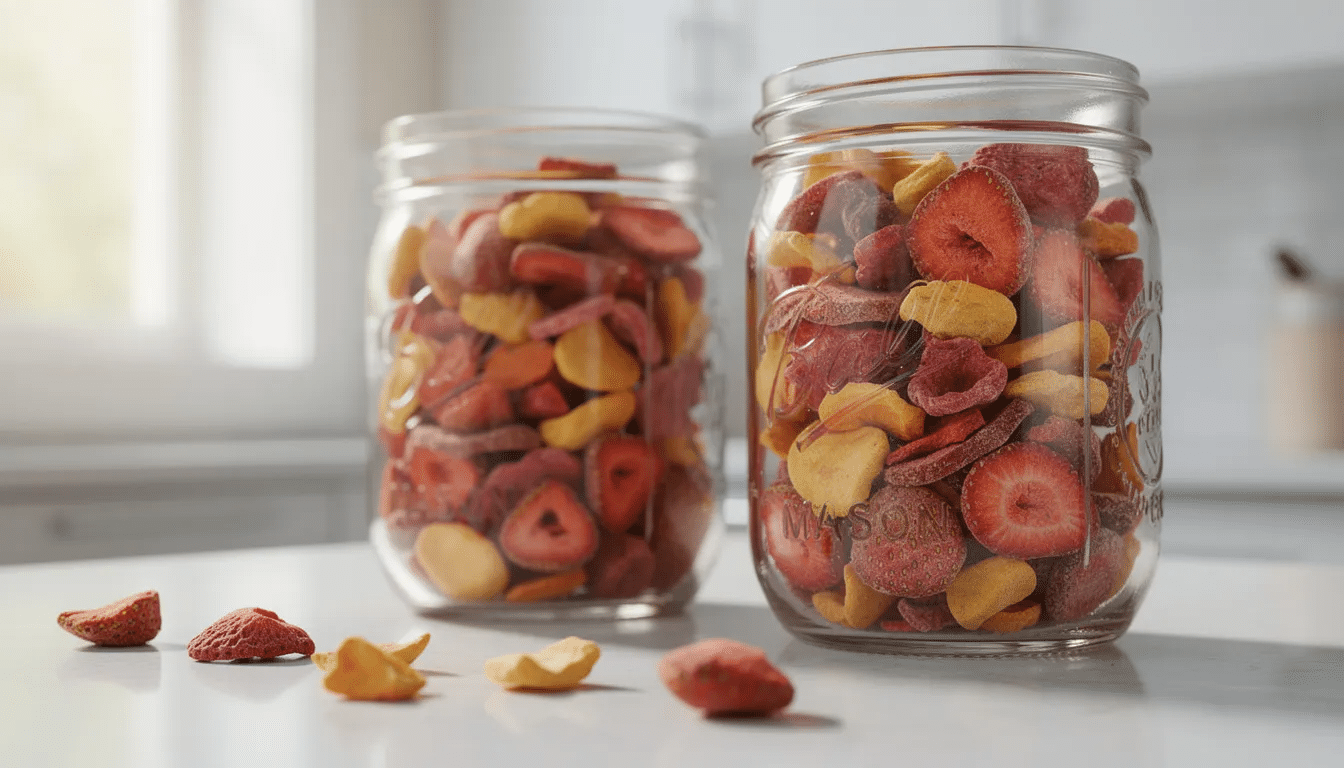 The image shows glass mason jars filled with vibrant freeze dried strawberries and a variety of mixed dried fruits, neatly arranged on a kitchen counter. These colorful freeze dried products highlight the freeze drying process, which preserves the fruits' original shape and flavor while extending their shelf life.