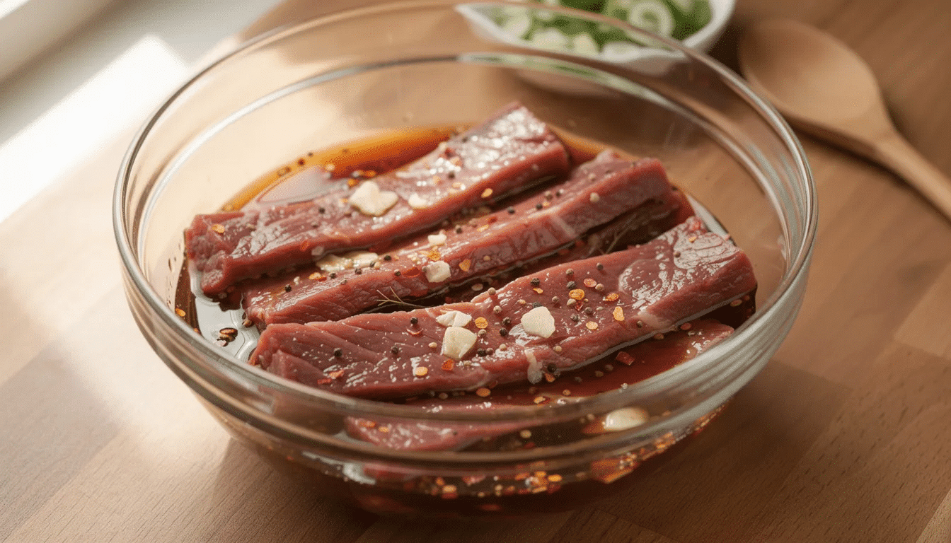 A glass bowl filled with beef strips marinating in a flavorful mixture, showcasing visible ingredients like soy sauce and spices. This scene captures the process of making homemade beef jerky, highlighting the marinating stage before drying the meat in a food dehydrator.