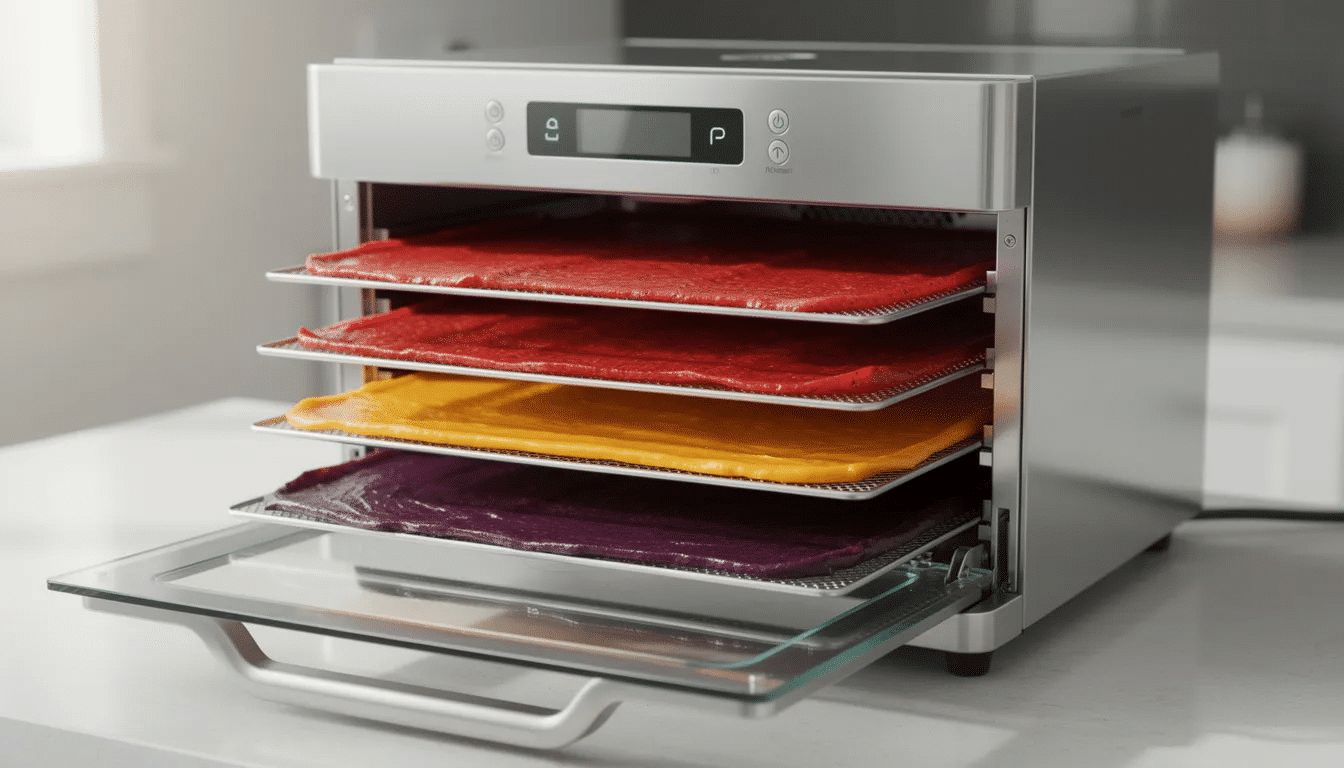 The image shows a food dehydrator with multiple trays filled with spread fruit puree, ready for drying into delicious fruit leather. Various fruit mixtures can be seen, indicating the potential for homemade fruit rolls made from fresh or frozen fruit.