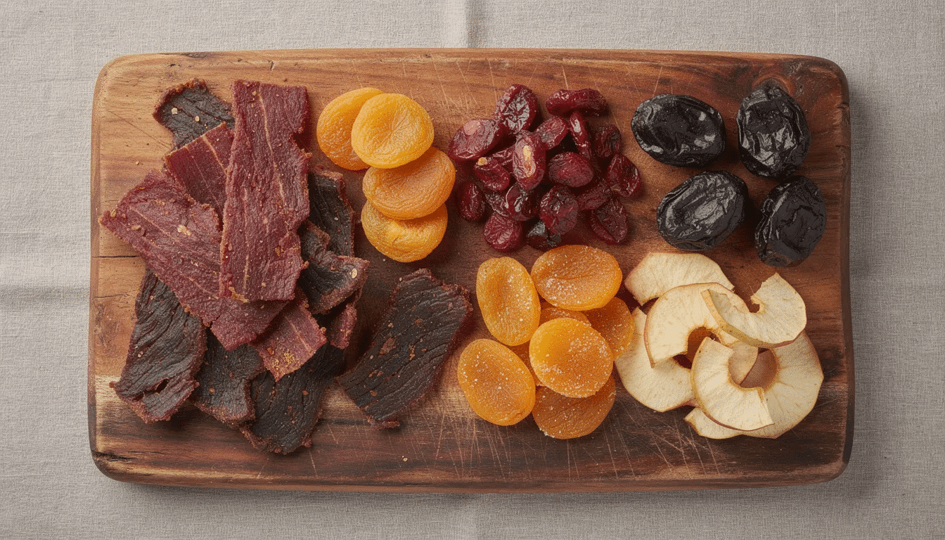 An assortment of dried fruits and beef jerky is beautifully arranged on a wooden cutting board, showcasing the results of using a food dehydrator. The vibrant colors of the dried fruits contrast with the rich, savory tones of the jerky, highlighting the delicious variety of foods that can be prepared with this machine.