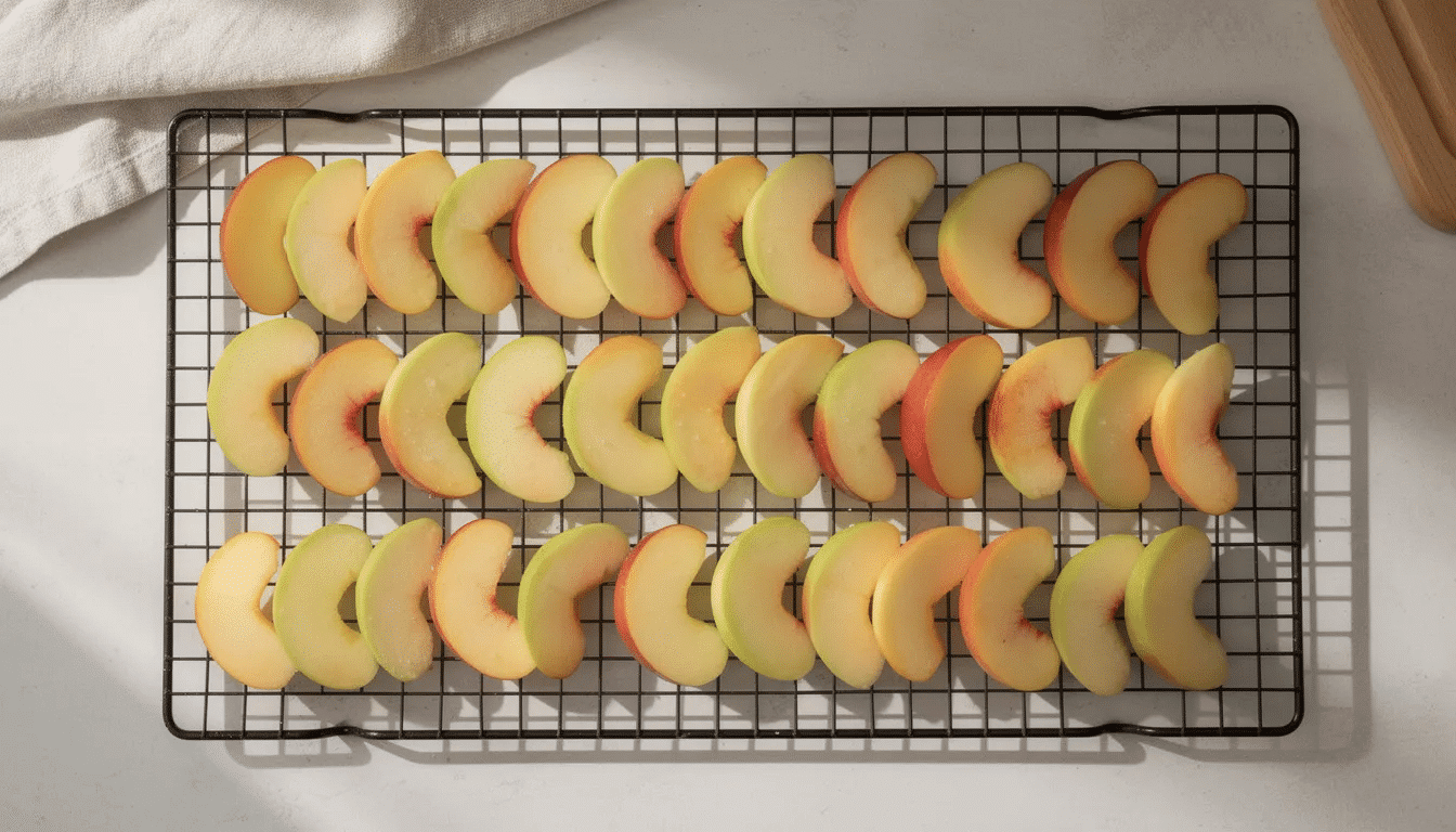 Assorted sliced fruits, including apples and peaches, are beautifully arranged on a wire cooling rack, illuminated by natural light, showcasing the drying process of fresh fruit. The scene suggests a method of drying fruit without a dehydrator, with the oven door slightly open to allow air circulation and reduce remaining moisture.