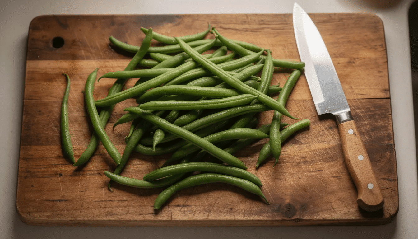 Fresh green beans are spread across a wooden cutting board, with a knife placed beside them, ready for preparation. These vibrant green beans can be transformed into a perfect healthy snack, such as air fryer green bean fries, with the right seasonings and cooking techniques.