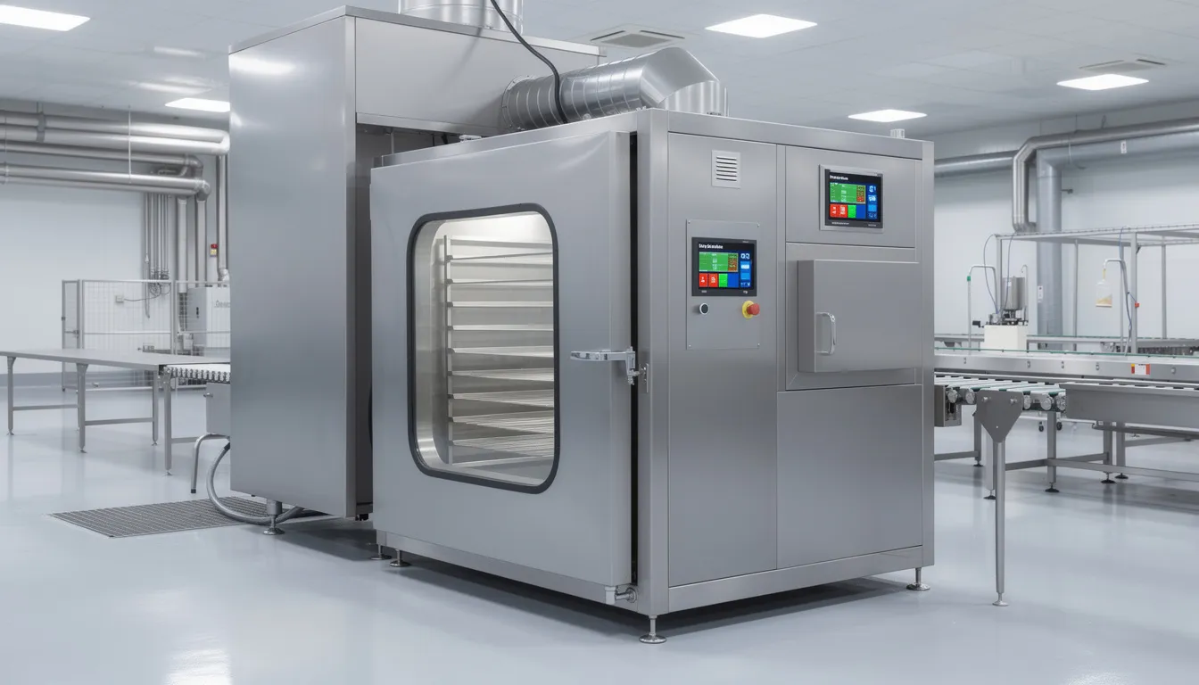 The image shows a modern heat pump industrial dryer unit, designed for commercial food processing, featuring a digital control panel. This stainless steel food dryer machine is capable of efficiently drying fruits, vegetables, and meats, preserving their flavor and nutrients while extending their shelf life.