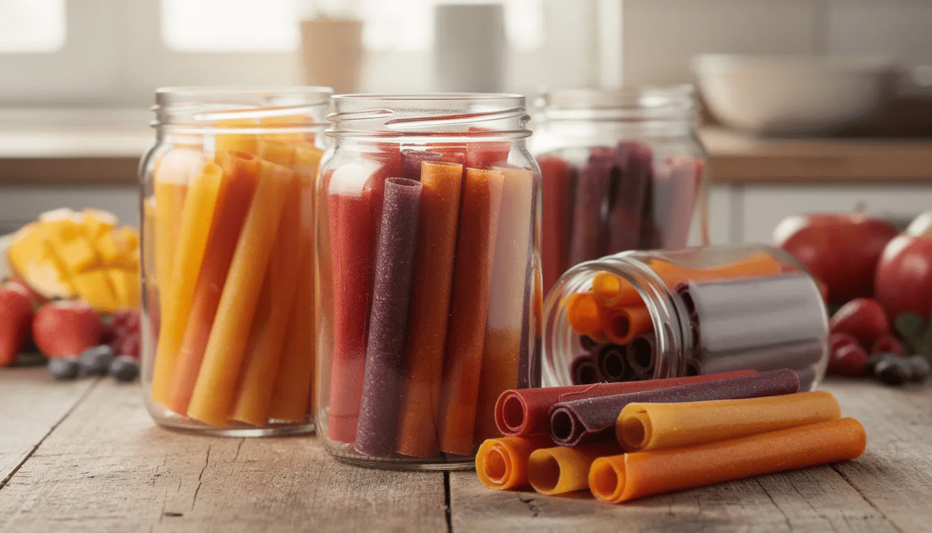 The image features glass jars filled with vibrant, rolled homemade fruit leather strips, showcasing a colorful variety made from fresh fruit and fruit puree. This delicious fruit leather is a great snack option, perfect for enjoying the flavors of different fruits like strawberries and watermelon.