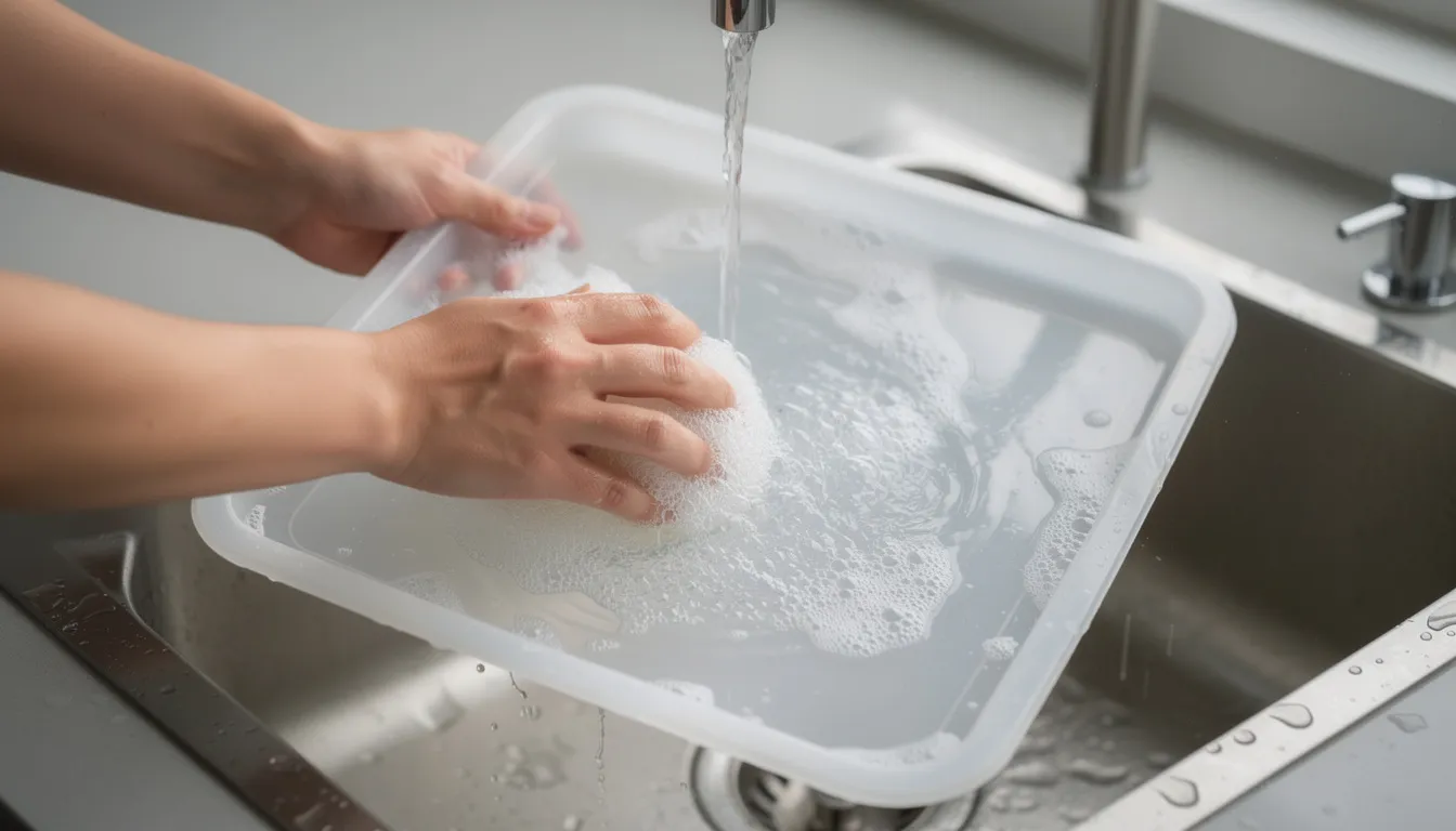The image shows hands washing plastic kitchen trays under running water in a sink, preparing them for the drying process after use in a tray dehydrator for making jerky or dehydrating fruits and vegetables. This maintenance step is essential for protecting cooking needs and ensuring ample space for large batches.