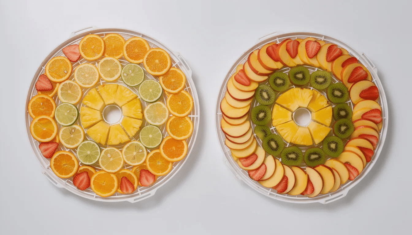 The image features colorful sliced fruits, including peaches and apples, neatly arranged in single layers on round trays of a food dehydrator, showcasing the vibrant shapes and colors of the fruits as they undergo the dehydrating process. This visually appealing display highlights the drying time and temperature settings used for effective food preservation.