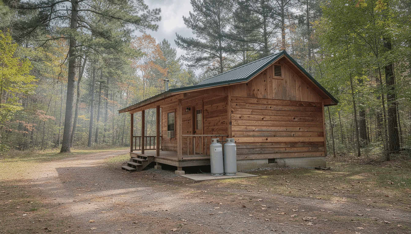 The image depicts a rustic wooden cabin nestled in a forest, with propane tanks positioned near the entrance, suggesting a cozy retreat. The natural surroundings enhance the cabin's charm, making it a perfect spot for activities like food preservation using a propane food dehydrator.