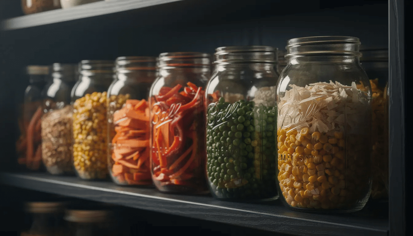 The image features wide mouth mason jars filled with a variety of dried vegetables, including green beans, carrots, and broccoli, neatly arranged on a dark pantry shelf. These dehydrated vegetables offer a nutritious option for food preservation, enhancing the shelf life of most vegetables while saving freezer space.