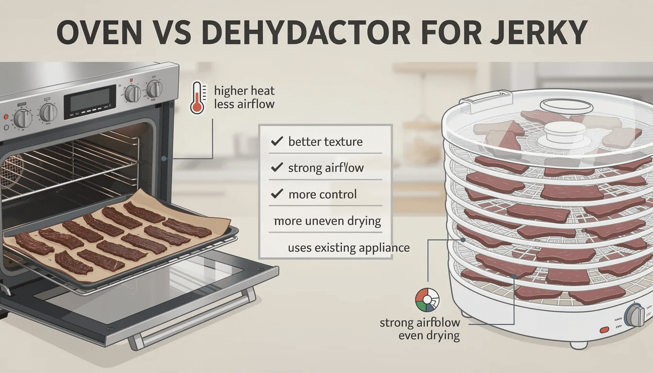 The image illustrates a comparison between an oven and a dehydrator for making jerky, showcasing trays filled with seasoned strips of meat, including beef and venison, alongside a wooden spoon and parchment paper. This setup highlights the different methods of drying meat, emphasizing the textures and flavors that can be achieved using either appliance.