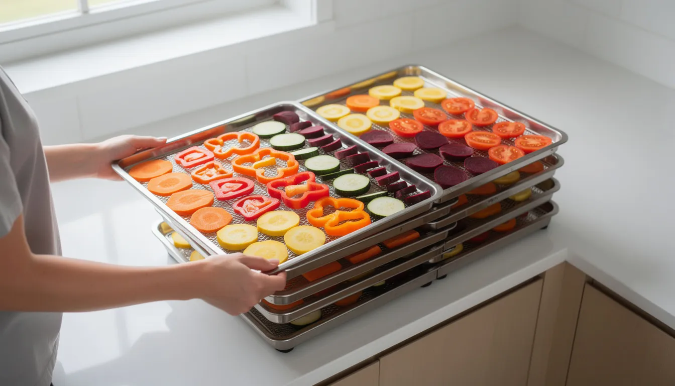 A person is loading vibrant, colorful vegetable slices onto stainless steel trays inside a Harvest Right freeze dryer, set in a bright kitchen filled with natural light. The scene captures the excitement of preparing fresh garden produce for preservation using this innovative freeze-drying technology.
