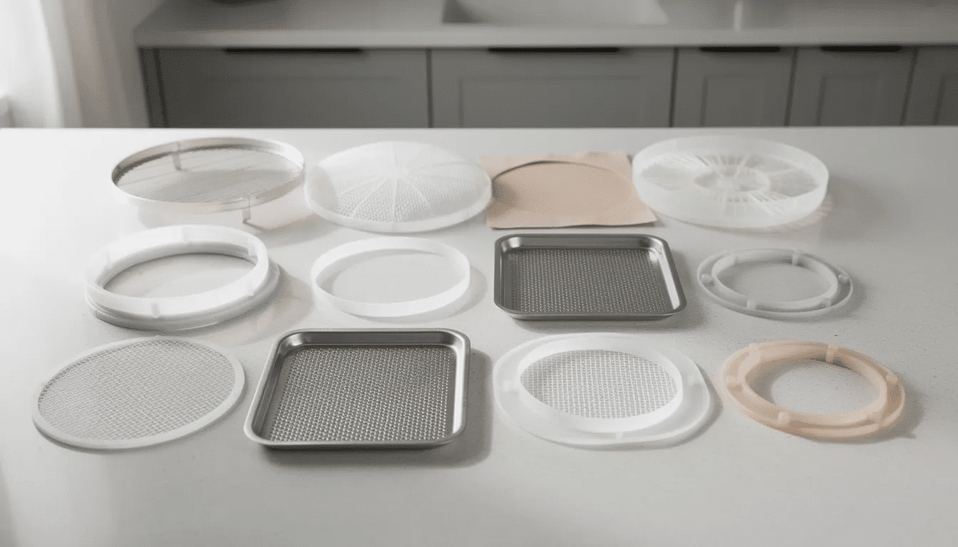 The image displays various parts of a food dehydrator, including stainless steel trays, plastic rings, and mesh screens, arranged neatly on a kitchen counter. These components are essential for preserving food, such as making fruit leather or drying vegetables and herbs, and are designed to be dishwasher safe for easy cleaning.
