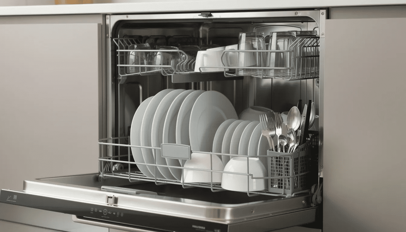 The image shows a home dishwasher rack neatly loaded with various kitchen items, including stainless steel trays and plastic trays, ensuring adequate spacing between each item for optimal cleaning. This setup highlights the importance of proper organization for effective dishwashing, making it easier to maintain food preservation tools like food dehydrators and drying trays.