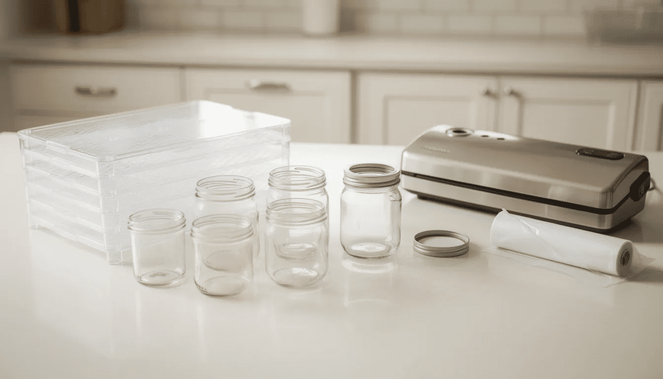 The image shows a clean kitchen counter prepared for food preservation, featuring dehydrator trays, glass jars, and a vacuum sealer, highlighting the essential equipment for the freeze drying process. This setup emphasizes the importance of food safety and proper techniques for creating long shelf life, freeze dried snacks and meals.