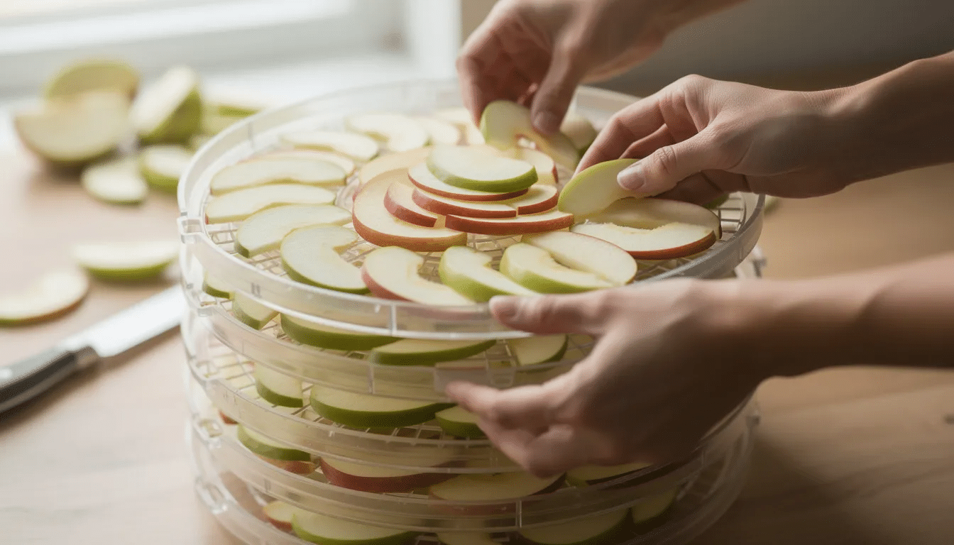 The image shows hands carefully arranging thin apple slices on stackable trays of a 6 tray digital dehydrator, ready for drying. The unit features a display for setting the temperature and time, ensuring optimal conditions for preserving the fruits.