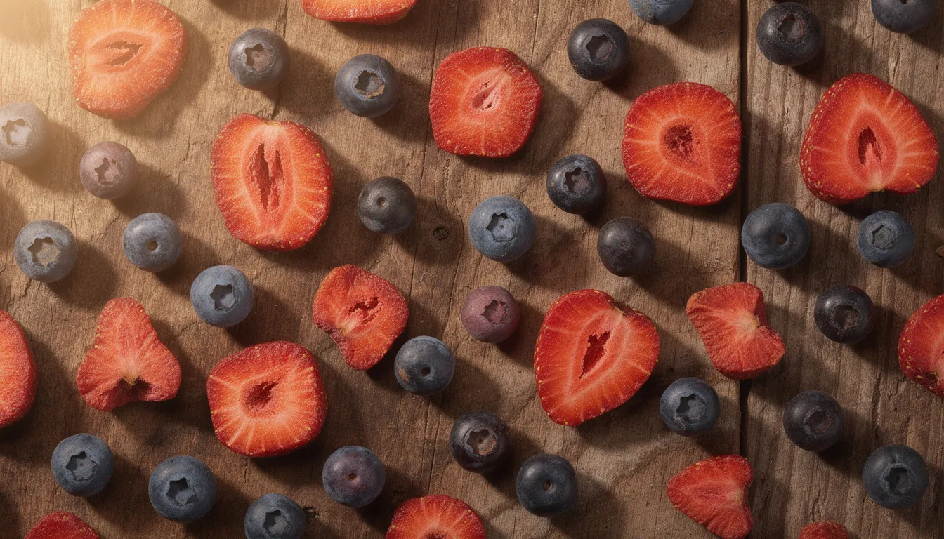 The image features vibrant slices of dried strawberries and blueberries artistically arranged on a rustic wooden surface, showcasing the colorful results of using a food dehydrator like the Magic Mill. This delightful display highlights the fun of making healthy snacks at home, perfect for kids and adults alike.