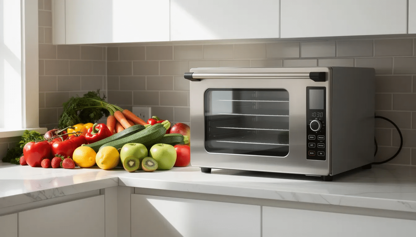 The image features a modern kitchen countertop showcasing a stainless steel food dehydrator with a sleek cabinet design, positioned beside an assortment of fresh vegetables and fruits. The dehydrator is equipped with stainless steel trays, a digital control panel, and precision temperature control, ideal for preserving food and creating healthy snacks like apple chips and fruit leather.