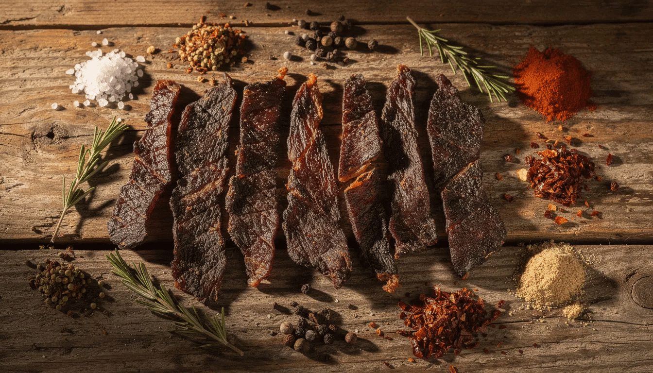 Homemade beef jerky strips are neatly arranged on a rustic wooden surface, accompanied by an assortment of herbs and spices, showcasing a delicious example of dehydrated foods perfect for snacking. This image highlights the craftsmanship of making jerky, ideal for those looking for recipes to use with a cosori food dehydrator.