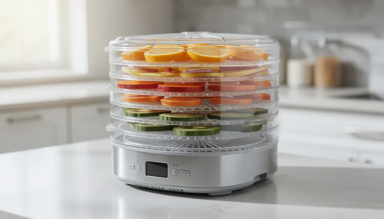 March 4, 2026 | The image shows a stackable food dehydrator with clear plastic trays neatly arranged on a kitchen counter, ready for use. This versatile unit is perfect for preparing snacks and preserving food, making it a great addition to any kitchen.