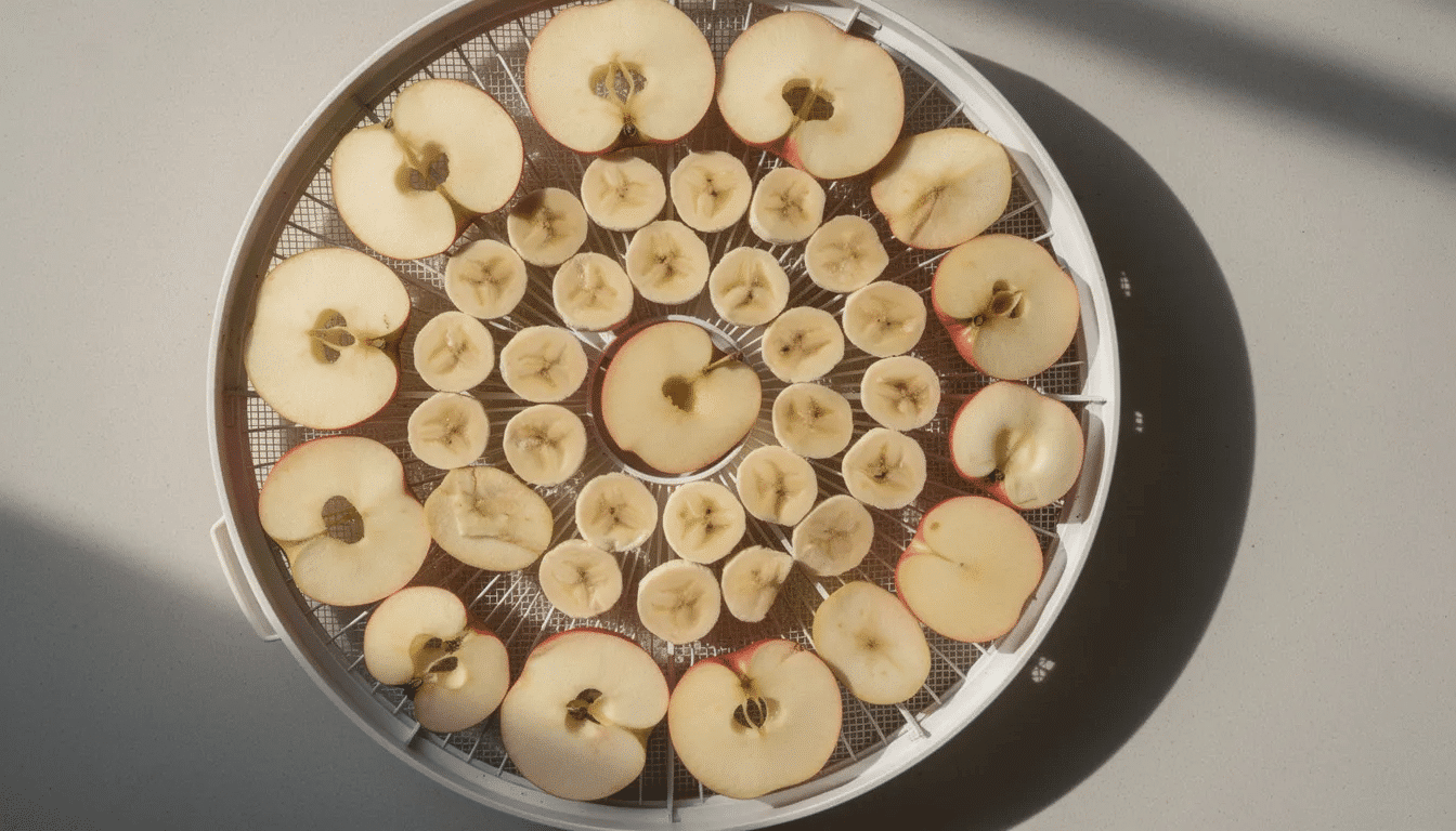 Sliced apples and bananas are neatly arranged on the trays of a food dehydrator, showcasing the drying space designed for uniform drying. The integrated air circulating fan ensures even heating, while the automatic shutdown function provides safety during the dehydration process.