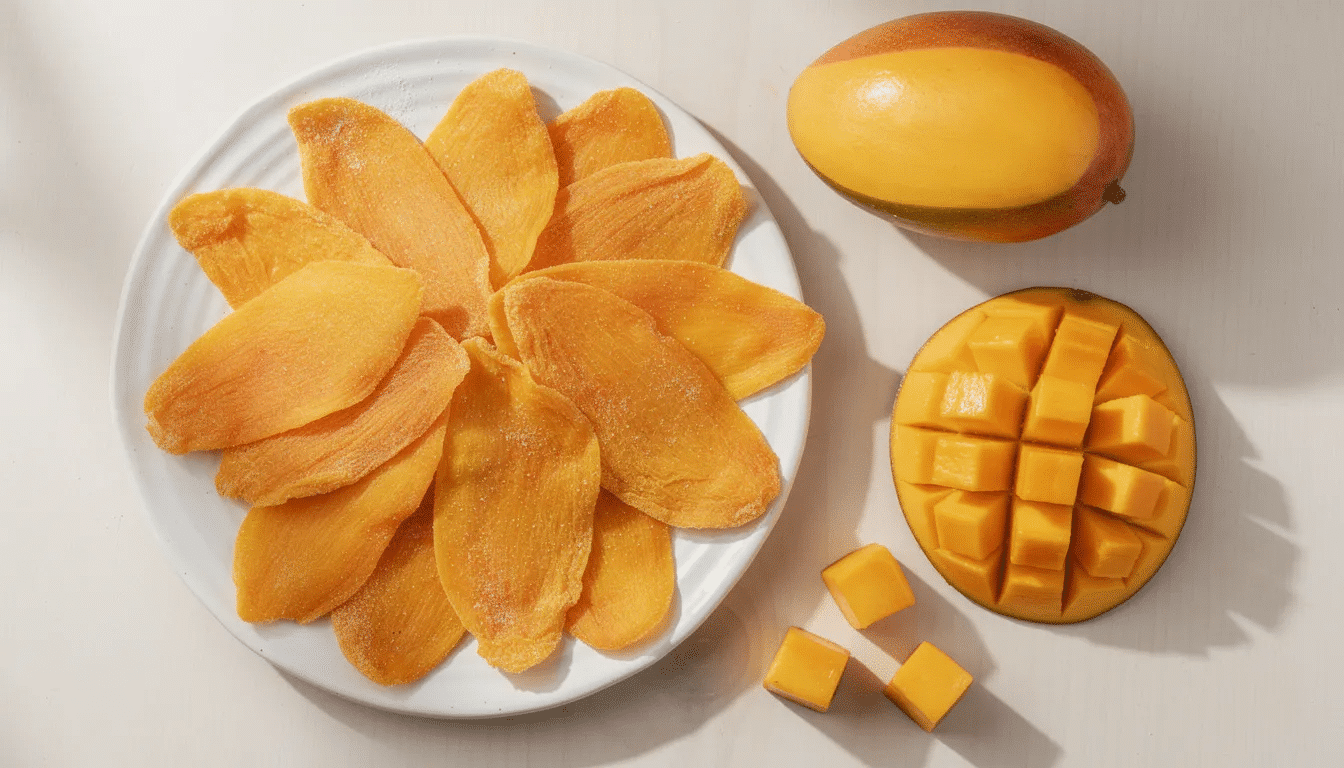 The image features golden dehydrated mango slices beautifully arranged on a white ceramic plate, accompanied by a few fresh ripe mango pieces nearby. The vibrant colors and chewy texture of the dried mango create an appealing contrast with the juicy, fresh mango fruit, making it a perfect snack option.