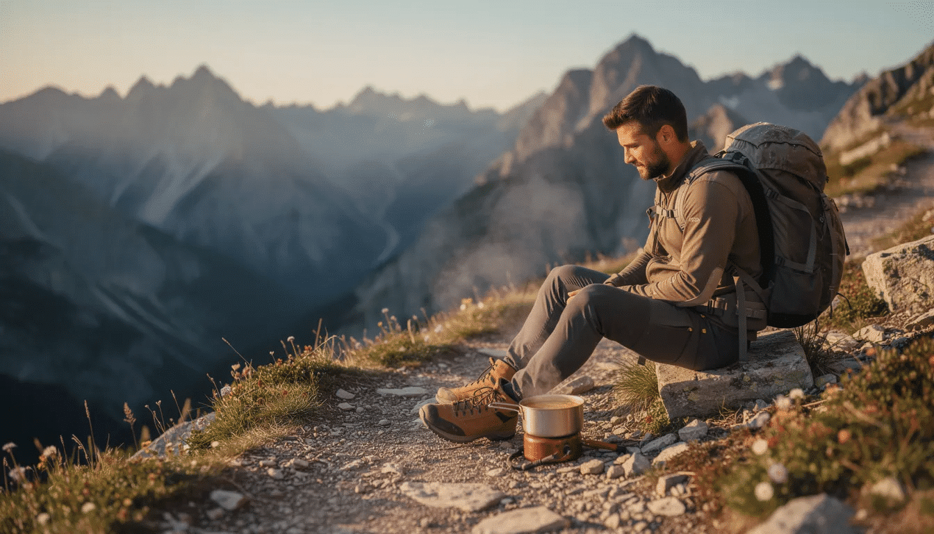 A backpacker sits on a mountain trail, enjoying a steaming pot of soup made from dehydrated ingredients, such as mixed vegetables and chicken bouillon. The scene captures the essence of outdoor cooking, highlighting the convenience of backpacking recipes that only require boiling water to create a flavorful meal.