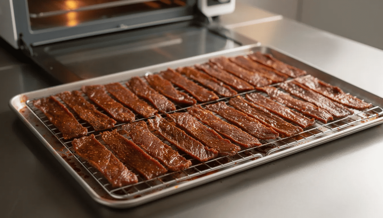 Thin strips of marinated beef are neatly arranged in rows on a wire rack, ready to be placed in a Samsung dehydrator oven for making homemade jerky. This setup highlights the process of dehydrating meat, a great way to create healthy snacks for the family.
