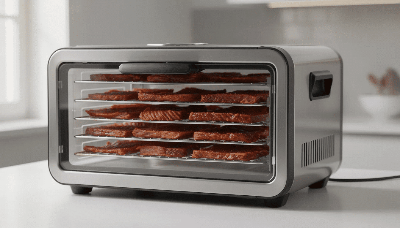 The image shows a rectangular food dehydrator filled with multiple trays of marinated meat strips, ready for drying. This method of making jerky ensures the meat retains its flavor and texture, making it a great option for tasty snacks.