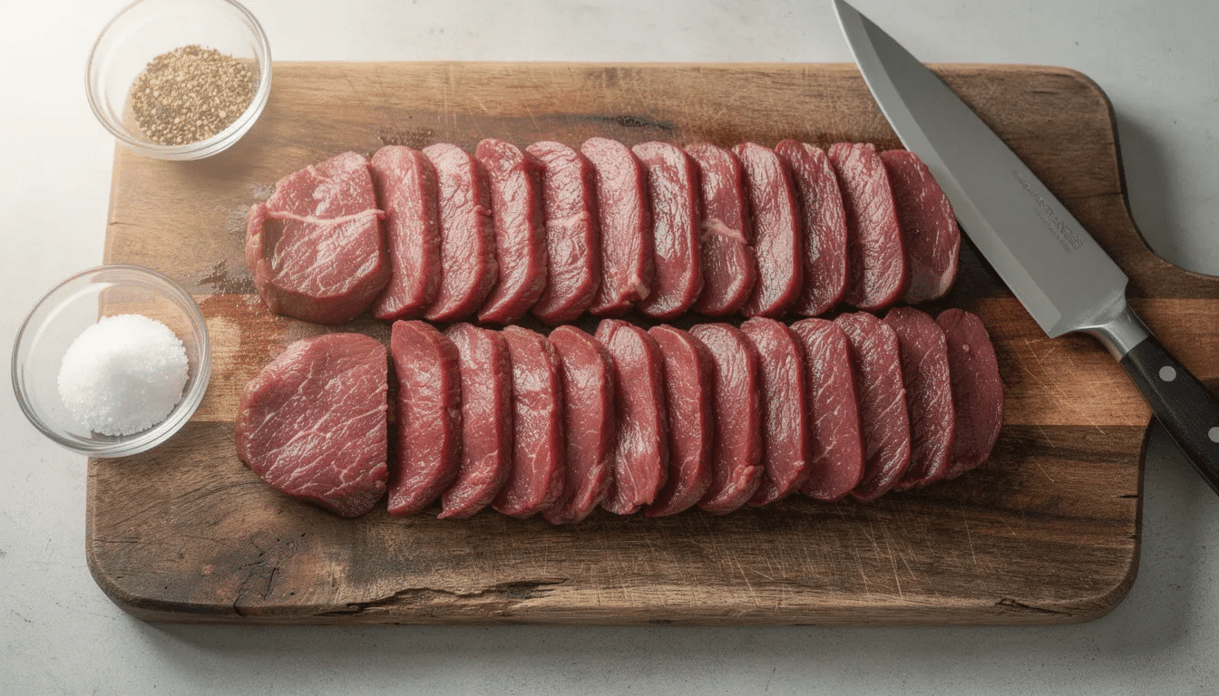 The image features thinly sliced raw beef strips neatly arranged on a wooden cutting board, ready for making jerky. This preparation is essential for achieving great jerky texture and flavor, whether using a dehydrator or an electric smoker.