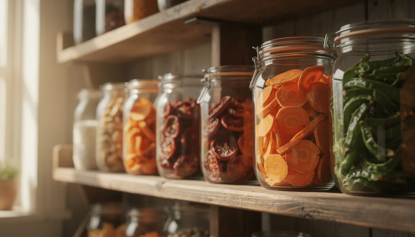 The image features glass jars filled with vibrant dried vegetables, including orange carrots, red tomatoes, and green peppers, neatly arranged on wooden shelving, showcasing the art of food preservation through dehydration. These colorful dried veggies are perfect for enhancing recipes and extending shelf life.