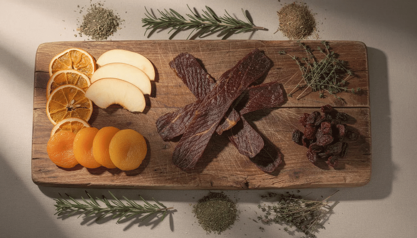 A rustic wooden cutting board displays an assortment of dried fruits, jerky strips, and herbs, creating a visually appealing arrangement. The natural textures and colors of the ingredients invite a sense of wholesome, homemade goodness.