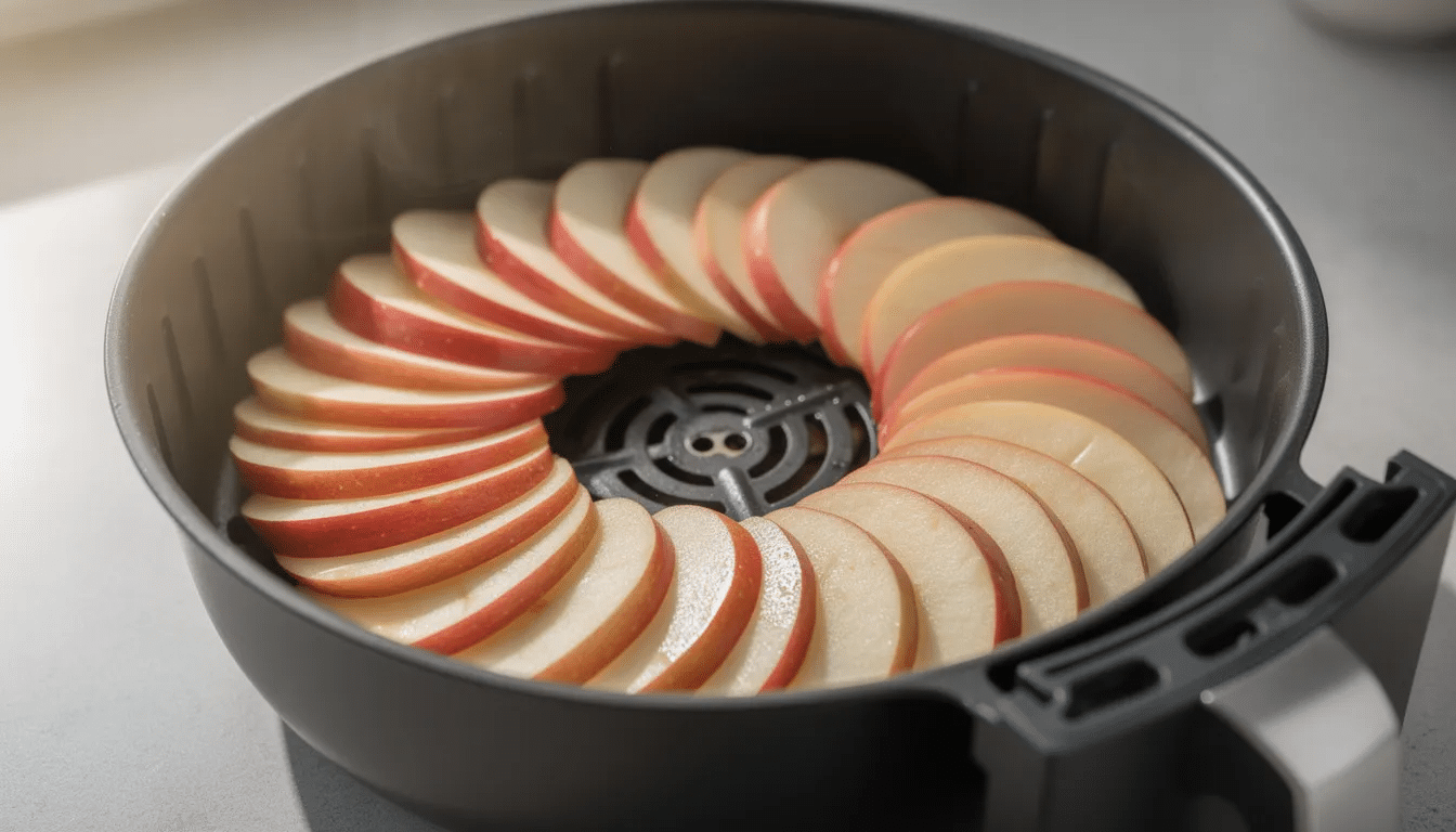 The image shows thinly sliced apples arranged neatly in a single layer inside an air fryer basket, ready for air frying to dehydrate them into a healthy snack. This method preserves the fruit's flavor and moisture while providing an easy cleanup experience.