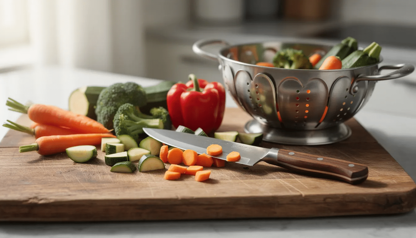 Fresh vegetables, including bell peppers, green beans, and cherry tomatoes, are being prepared on a wooden cutting board, accompanied by a knife and a steamer basket, highlighting the process of food preservation. This scene emphasizes the importance of fresh foods in creating dehydrated vegetables for storage and longer shelf life.