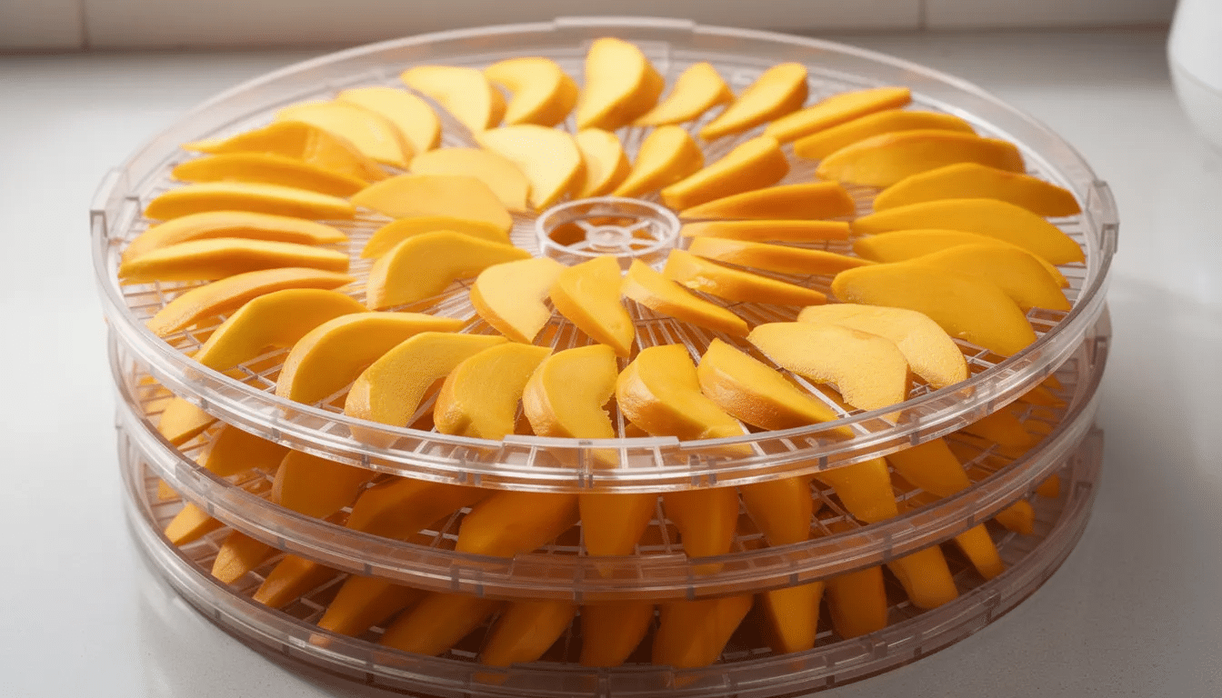 The image shows uniform slices of ripe mangoes neatly arranged in rows on circular dehydrator trays, ready for drying. This preparation is ideal for creating delicious dehydrated mango pieces, perfect for snacks or trail mix.