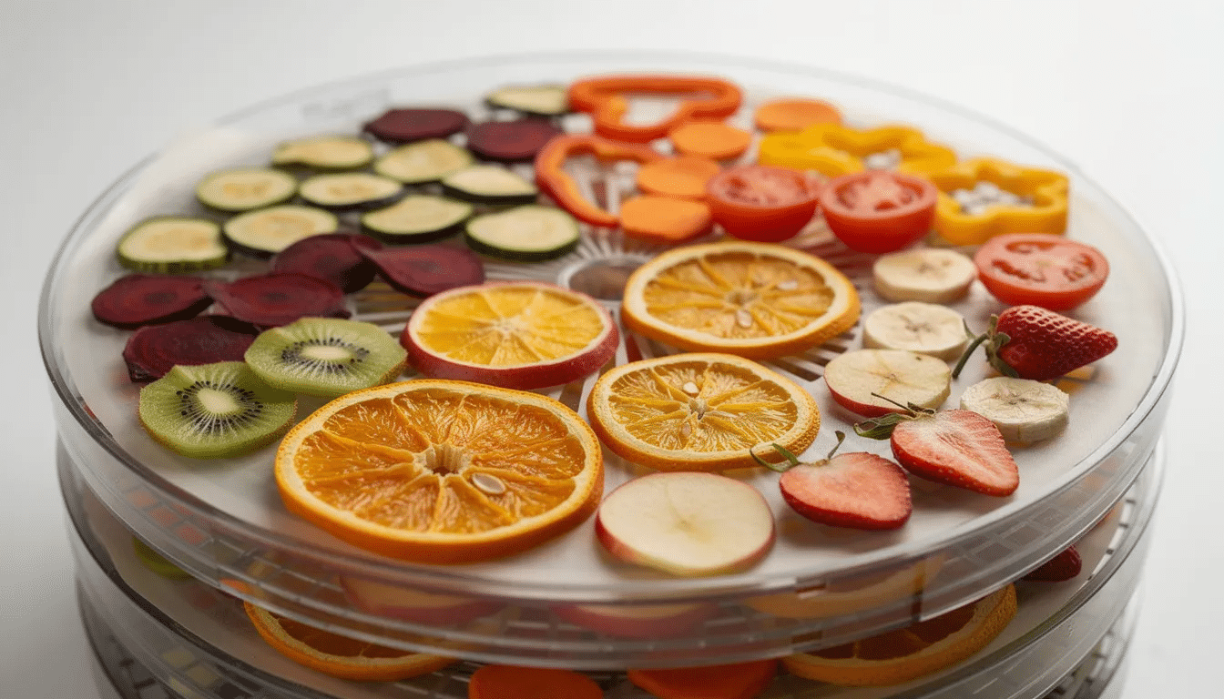 A close-up image showcases a variety of dried fruits and vegetables neatly arranged on dehydrator trays lined with silicone sheets. The vibrant colors of the fruits and vegetables highlight the process of drying foods at home, making it easy to prepare healthy snacks.