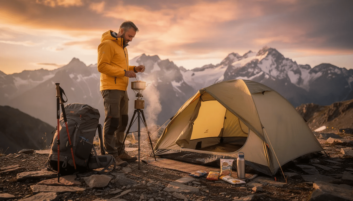 A hiker is seen at a mountain campsite, preparing a meal in a pot over a camp stove, surrounded by scenic views. The scene captures the essence of enjoying homemade backpacking meals, highlighting the importance of dehydrated food in outdoor cooking.