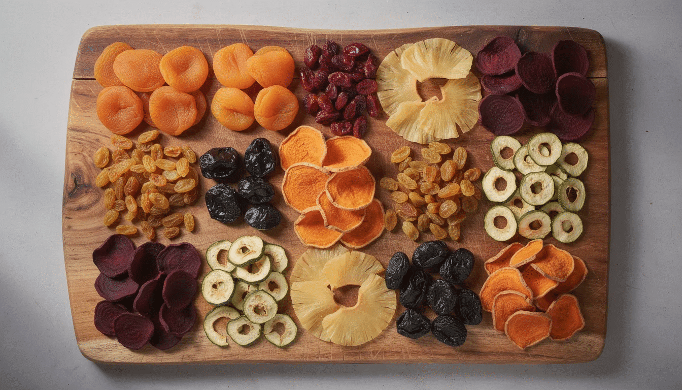 The image features a vibrant assortment of colorful dried fruits and vegetables, including sweet potatoes and green beans, beautifully arranged on a wooden cutting board. This presentation highlights the effectiveness of a food dehydrator in preserving food while showcasing the appealing textures and colors of dehydrated foods.