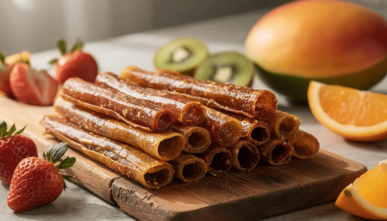 The image features rolled-up dried fruit leather resting on a wooden cutting board, accompanied by fresh fruits like bananas and apples nearby. This healthy snack, perfect for using with a harvest maid dehydrator, showcases the delicious results of dehydrating fruits.