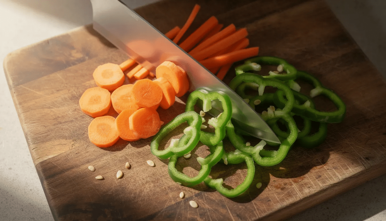 A wooden cutting board showcases fresh vegetables being sliced, including vibrant orange carrots and crisp green peppers, with a sharp knife resting nearby. This scene emphasizes the preparation of nutritious ingredients, perfect for creating healthy meals or freezing for later use.