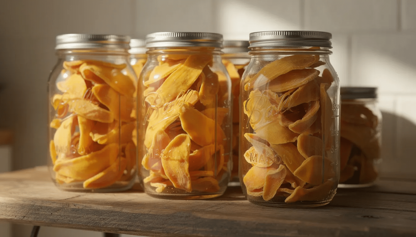 The image features glass mason jars filled with golden dehydrated mango pieces, showcasing uniform slices of ripe mangoes on a kitchen shelf. These delicious dried mango snacks are perfect for long-term storage and offer a chewy texture, making them an ideal choice for trail mix or a healthy treat.