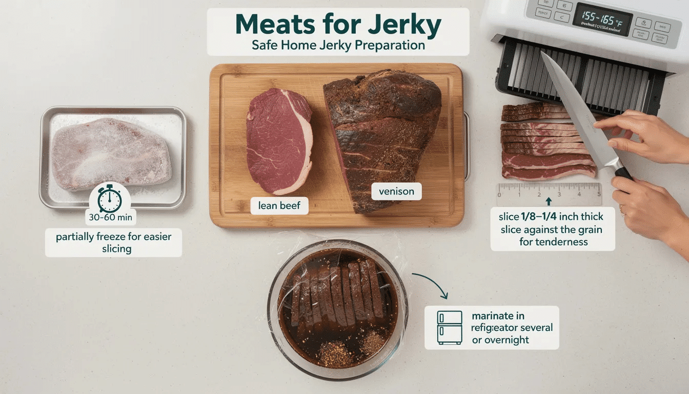 The image depicts a step-by-step guide for making jerky, highlighting the importance of selecting lean cuts of meat, partially freezing for easier slicing, and marinating. It also emphasizes the use of a food dehydrator set to the appropriate temperature, with silicone dehydrator sheets included for safe and effective drying.