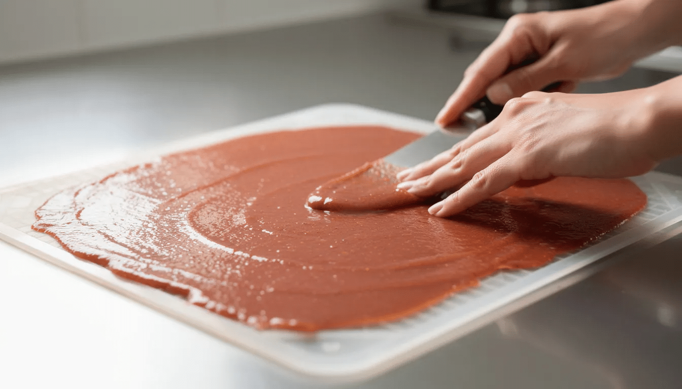 A pair of hands is carefully spreading a vibrant fruit puree onto a silicone dehydrator sheet with raised edges, preparing for the drying process. This easy peasy method is perfect for making healthy snacks at home, utilizing dehydrator sheets to create delicious fruit leathers.